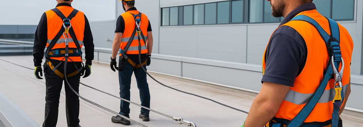 prevención de accidentes en trabajos en altura con equipos de seguridad y medidas preventivas en cubierta industrial