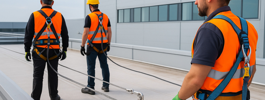 prevención de accidentes en trabajos en altura con equipos de seguridad y medidas preventivas en cubierta industrial