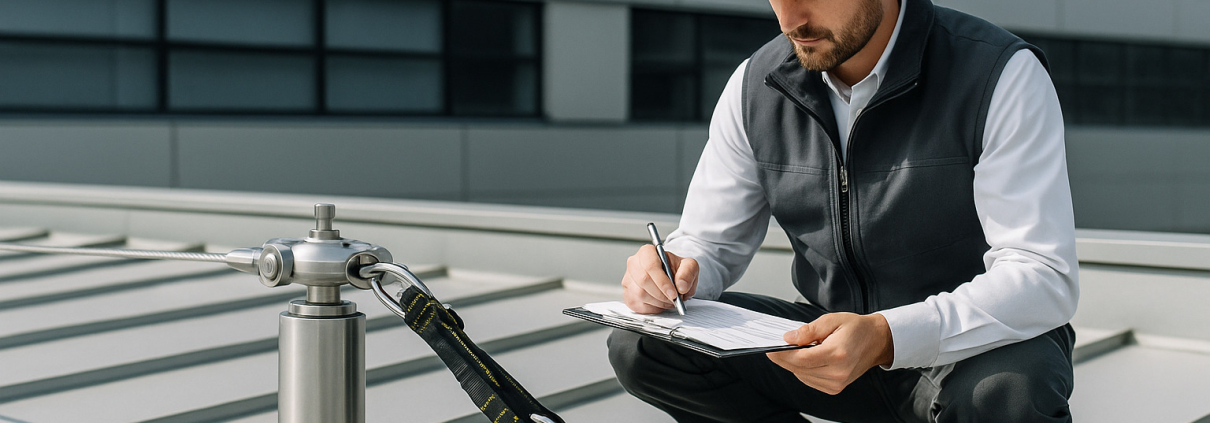proceso de certificación de líneas de vida con técnico realizando validación técnica y documentación oficial