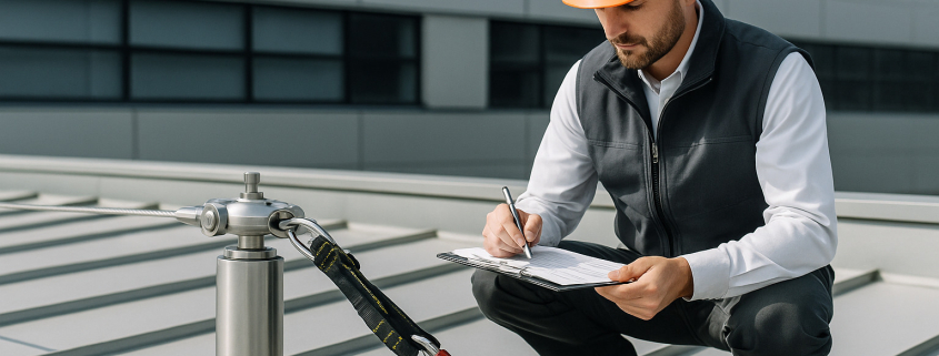 proceso de certificación de líneas de vida con técnico realizando validación técnica y documentación oficial