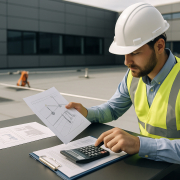 análisis de costes de instalación de líneas de vida con técnico evaluando presupuesto en cubierta industrial