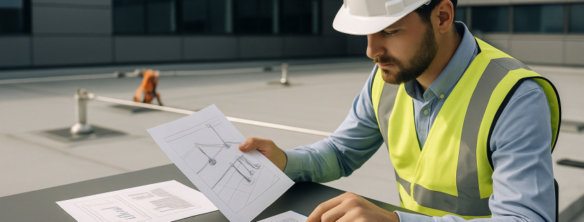 análisis de costes de instalación de líneas de vida con técnico evaluando presupuesto en cubierta industrial