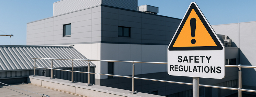 Edificio industrial con trabajadores en altura donde es obligatorio instalar líneas de vida por normativa