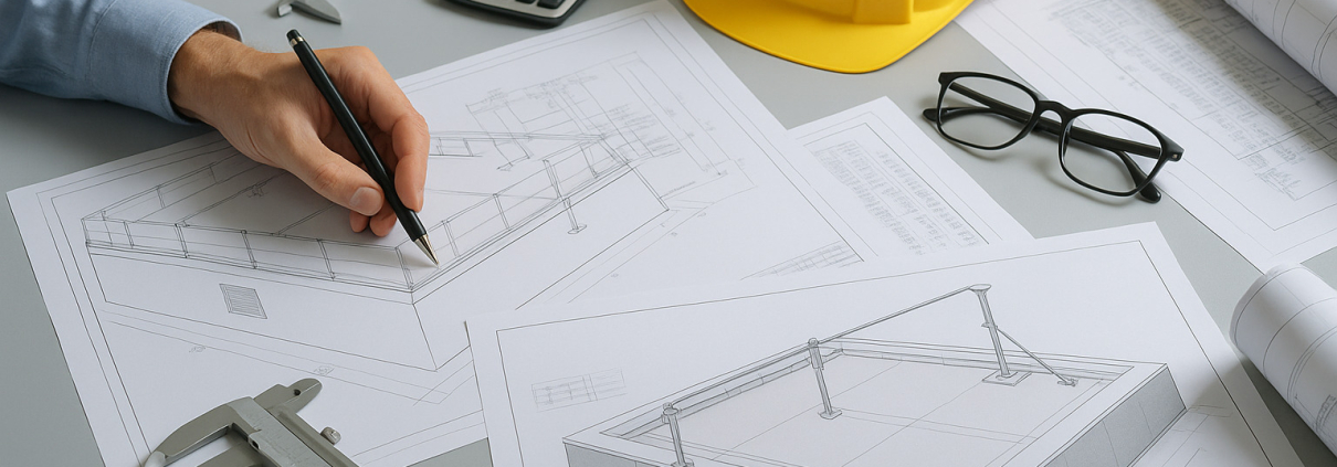 diseño de líneas de vida con planos técnicos, cálculos estructurales y planificación de sistema de seguridad industrial