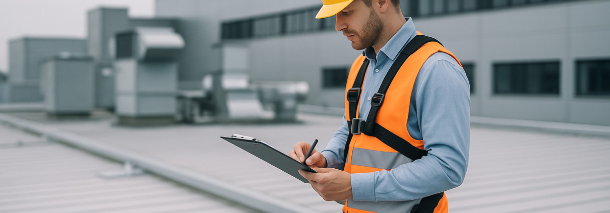 evaluación de riesgos en trabajos en altura con técnico analizando condiciones de seguridad en cubierta industrial