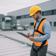 evaluación de riesgos en trabajos en altura con técnico analizando condiciones de seguridad en cubierta industrial