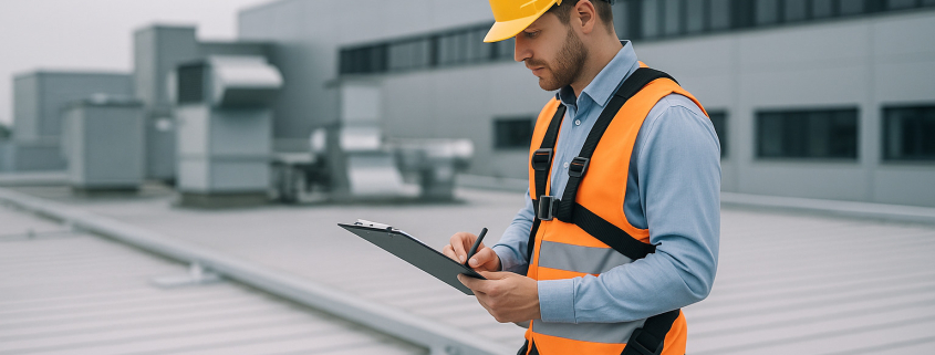 evaluación de riesgos en trabajos en altura con técnico analizando condiciones de seguridad en cubierta industrial