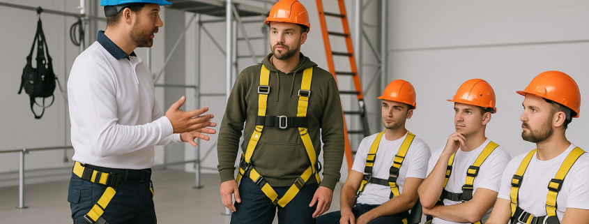 formación en seguridad para trabajos en altura con instructor enseñando uso de EPIs y técnicas de seguridad
