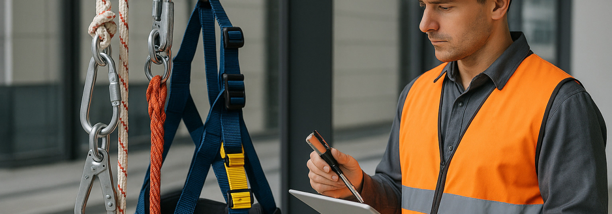 inspección de equipos de seguridad en altura con técnico verificando arneses y sistemas de protección