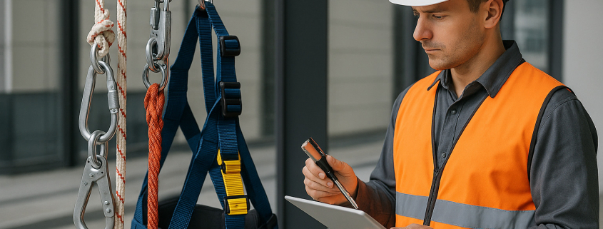 inspección de equipos de seguridad en altura con técnico verificando arneses y sistemas de protección