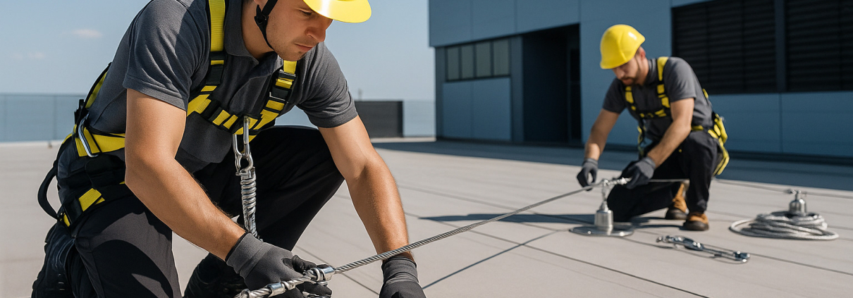 instalación de líneas de vida en cubiertas - técnicos montando sistema anticaídas