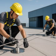 instalación de líneas de vida en cubiertas - técnicos montando sistema anticaídas
