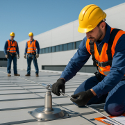 Instalación profesional de líneas de vida en cubierta industrial con técnicos especializados