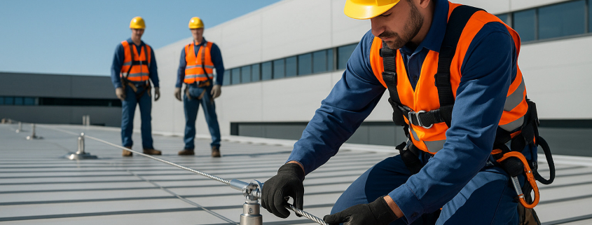 Instalación profesional de líneas de vida en cubierta industrial con técnicos especializados