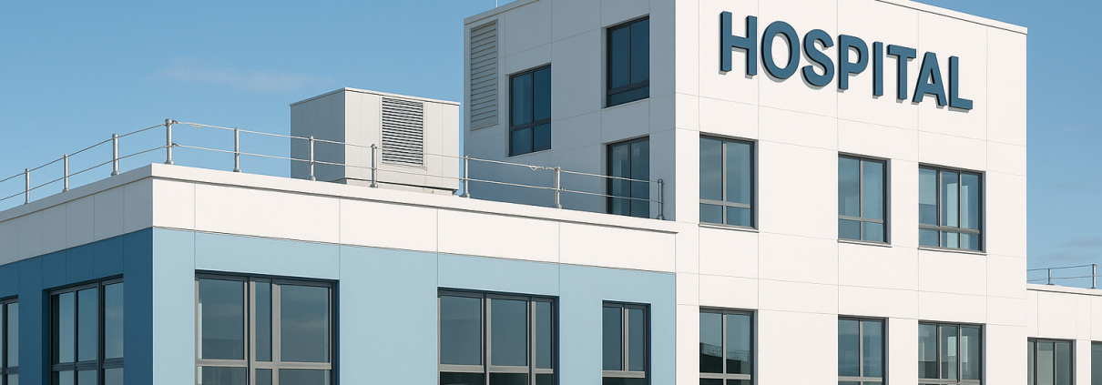 Hospital moderno con sistema de líneas de vida instalado en cubierta para mantenimiento seguro