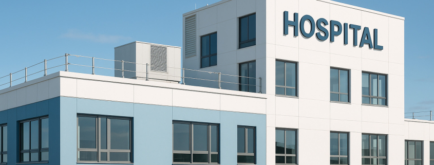 Hospital moderno con sistema de líneas de vida instalado en cubierta para mantenimiento seguro