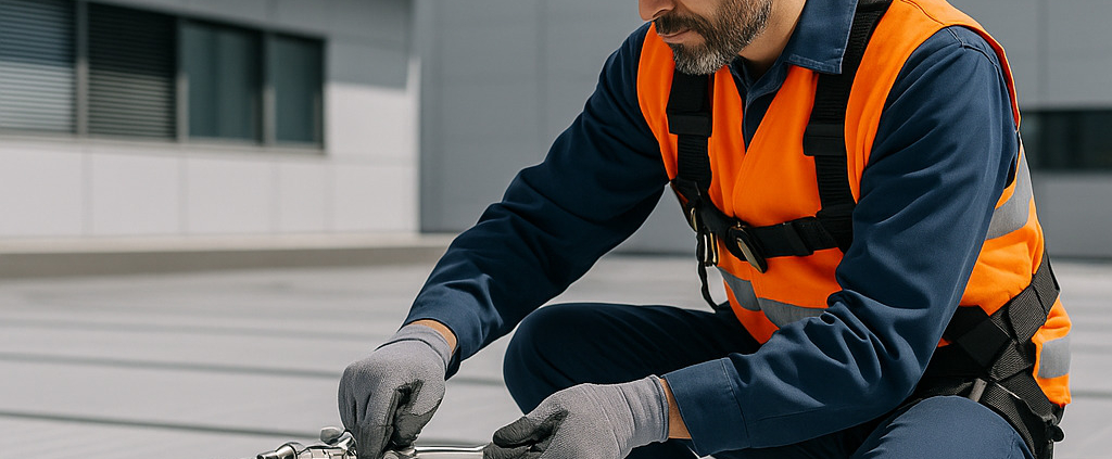 mantenimiento preventivo de líneas de vida con técnico realizando inspección y conservación de sistema de seguridad