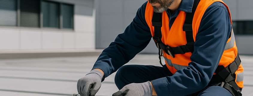 mantenimiento preventivo de líneas de vida con técnico realizando inspección y conservación de sistema de seguridad