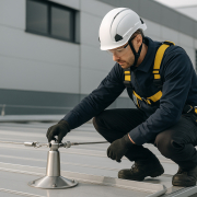 mantenimiento de líneas de vida con técnico realizando inspección en cubierta industrial