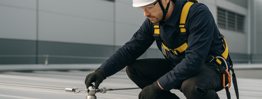 mantenimiento de líneas de vida con técnico realizando inspección en cubierta industrial