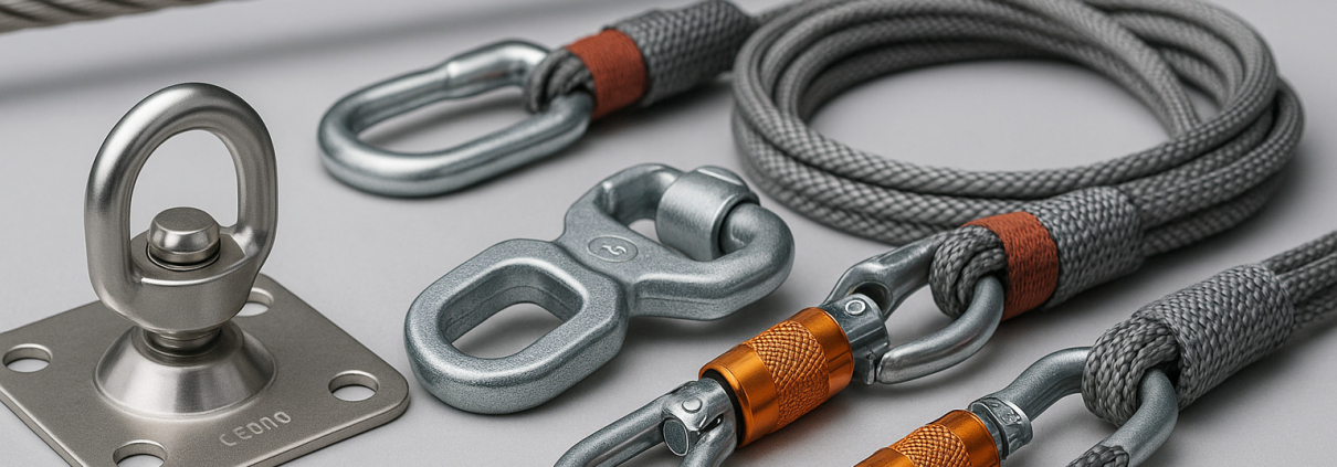materiales para líneas de vida mostrando cables de acero, anclajes certificados y conectores de seguridad