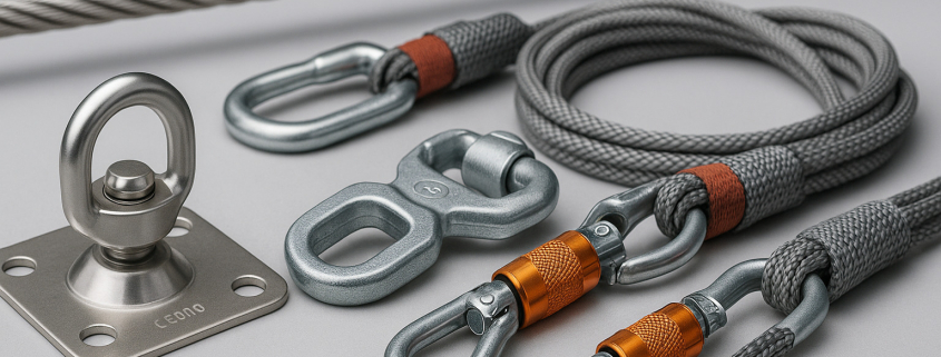 materiales para líneas de vida mostrando cables de acero, anclajes certificados y conectores de seguridad