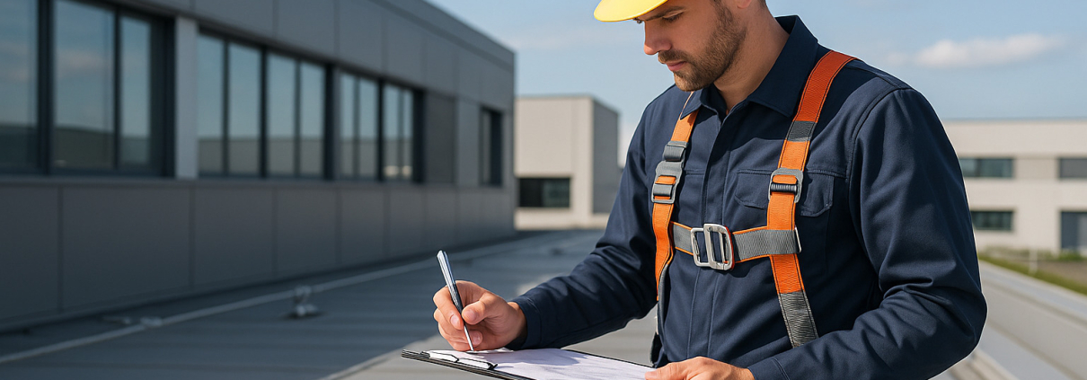 Técnico especialista realizando revisión anual de líneas de vida con equipos de inspección profesionales