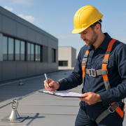 Técnico especialista realizando revisión anual de líneas de vida con equipos de inspección profesionales
