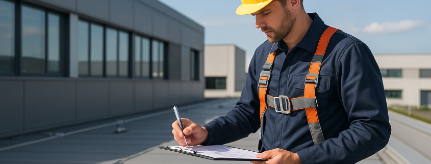 Técnico especialista realizando revisión anual de líneas de vida con equipos de inspección profesionales