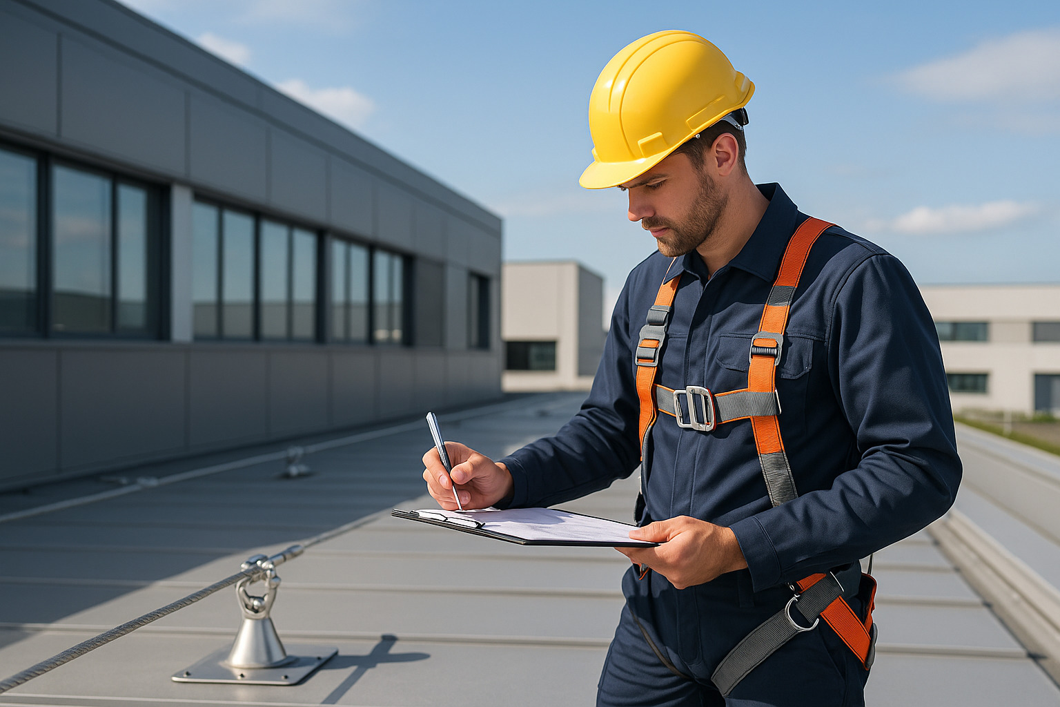 Técnico especialista realizando revisión anual de líneas de vida con equipos de inspección profesionales