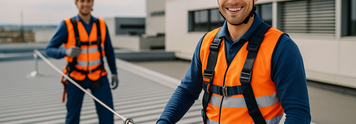 ventajas de las líneas de vida mostrando trabajadores seguros y productivos en altura con sistemas de protección