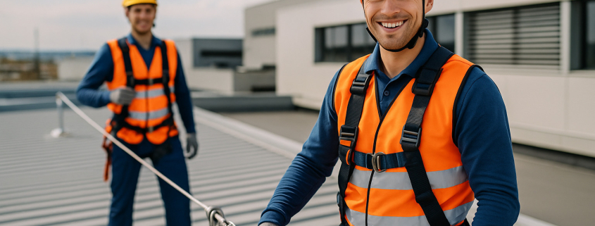 ventajas de las líneas de vida mostrando trabajadores seguros y productivos en altura con sistemas de protección